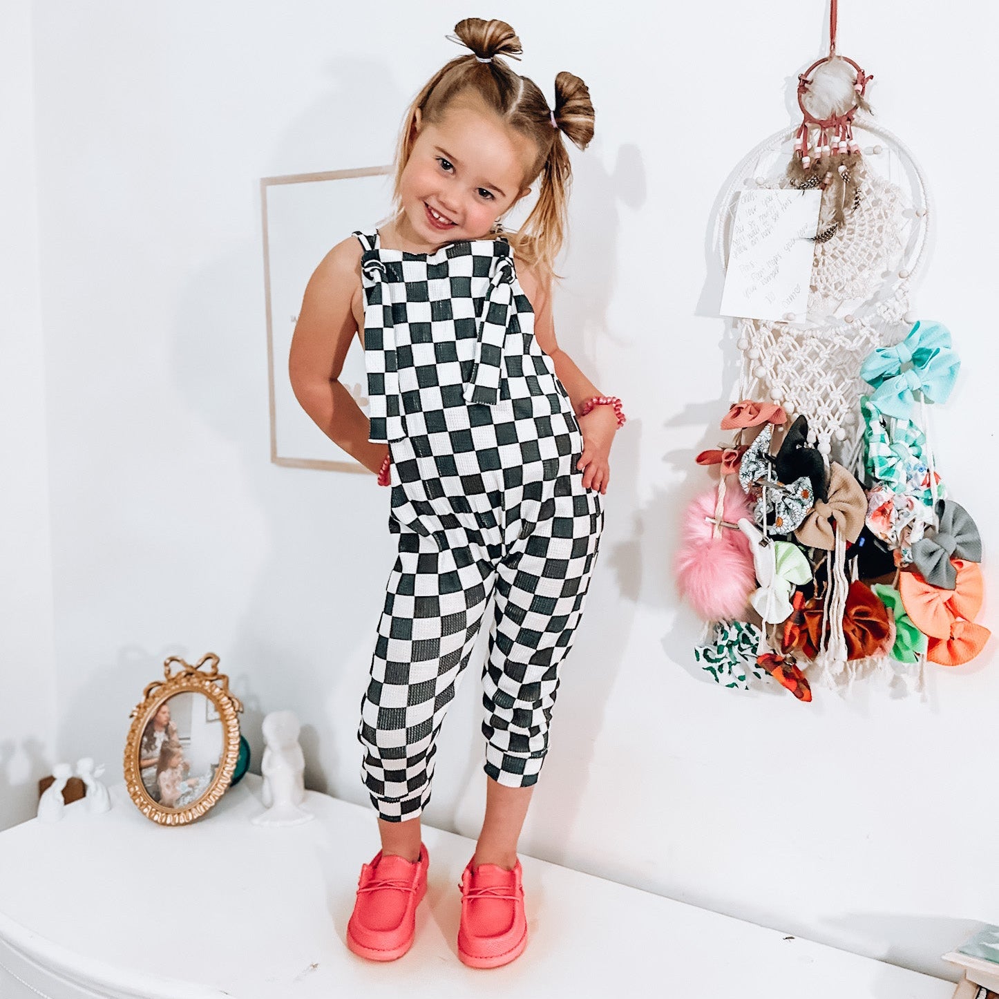 black toddler checkered romper overalls