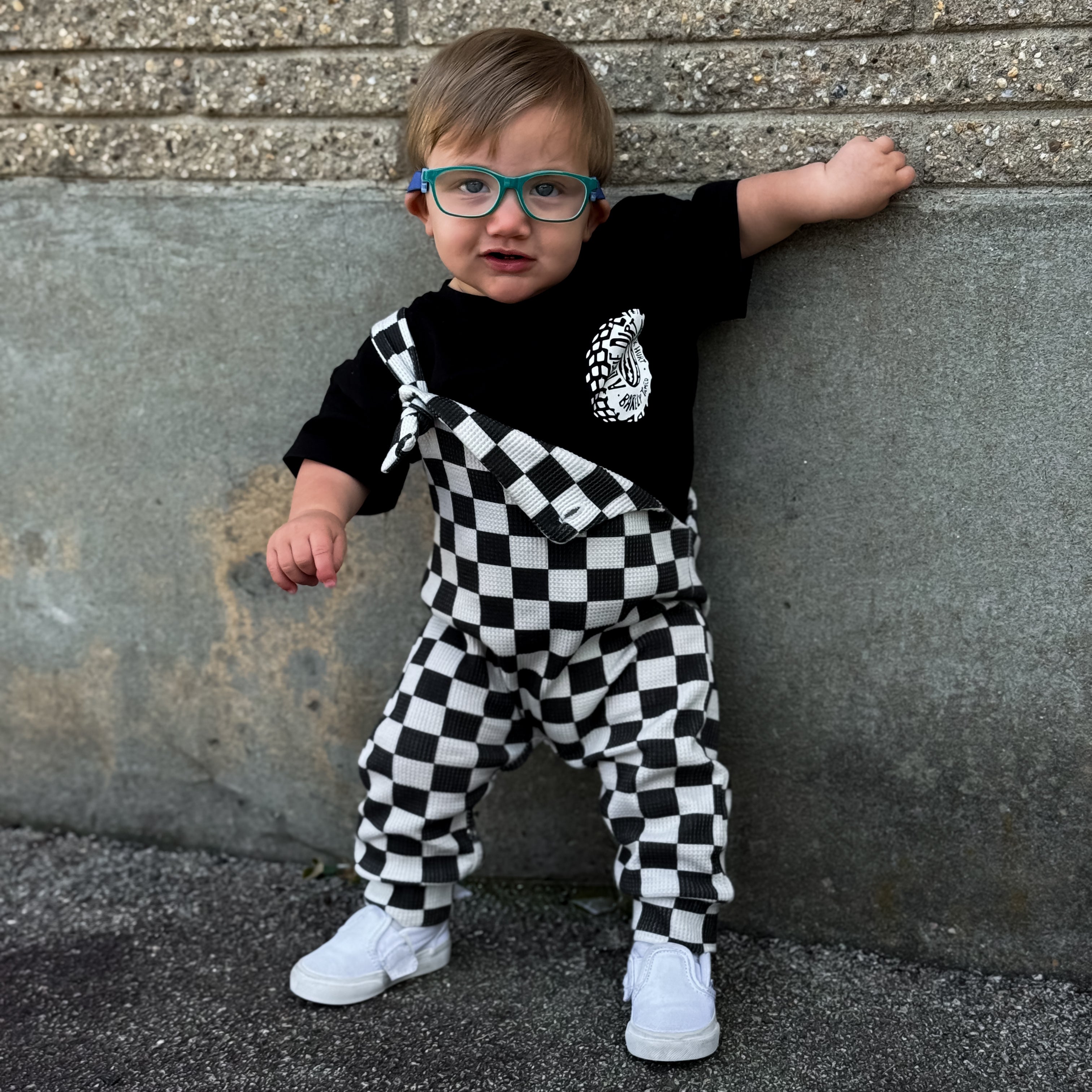 black infant checkered overalls