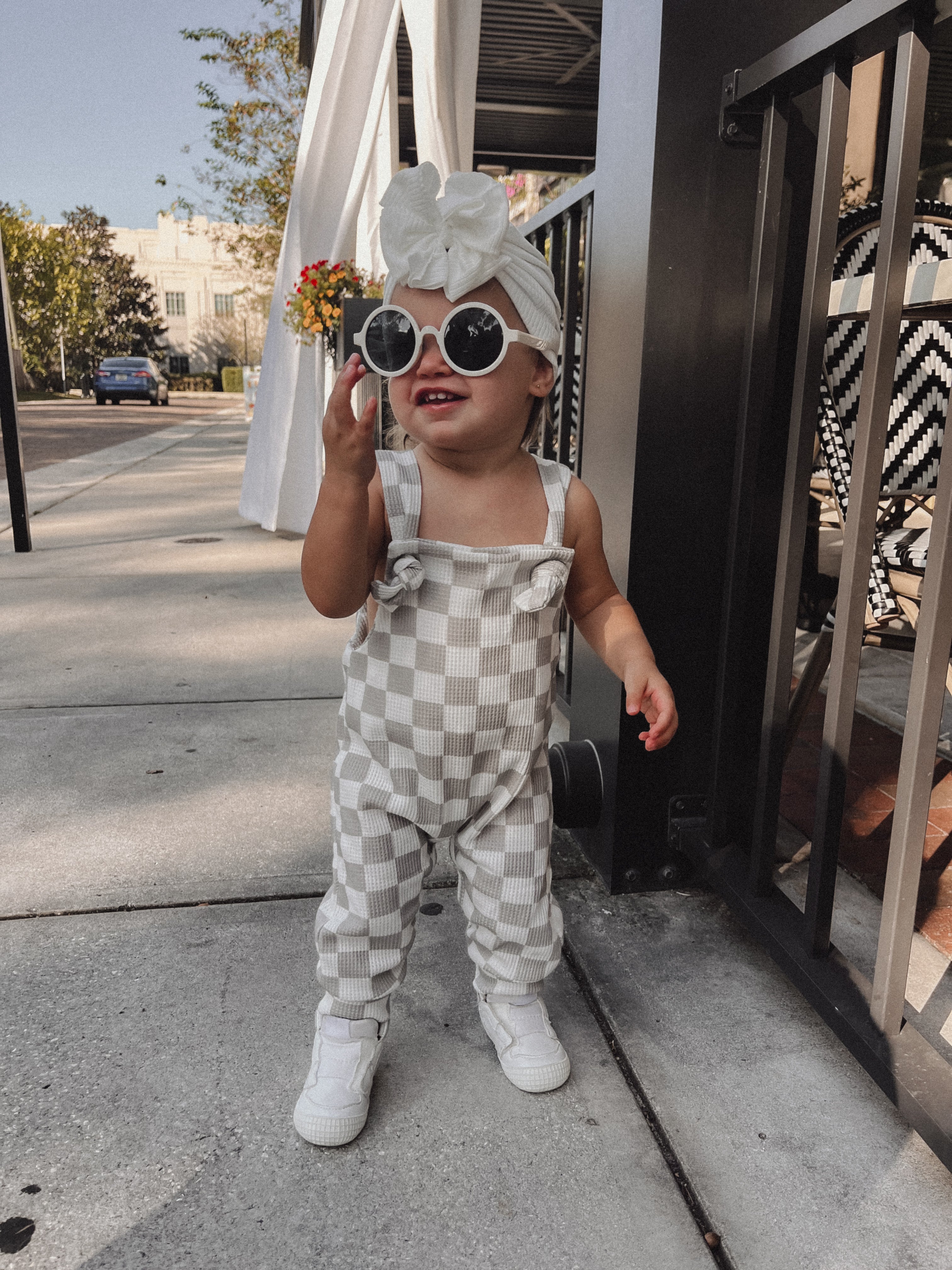 grey toddler checkered romper overalls