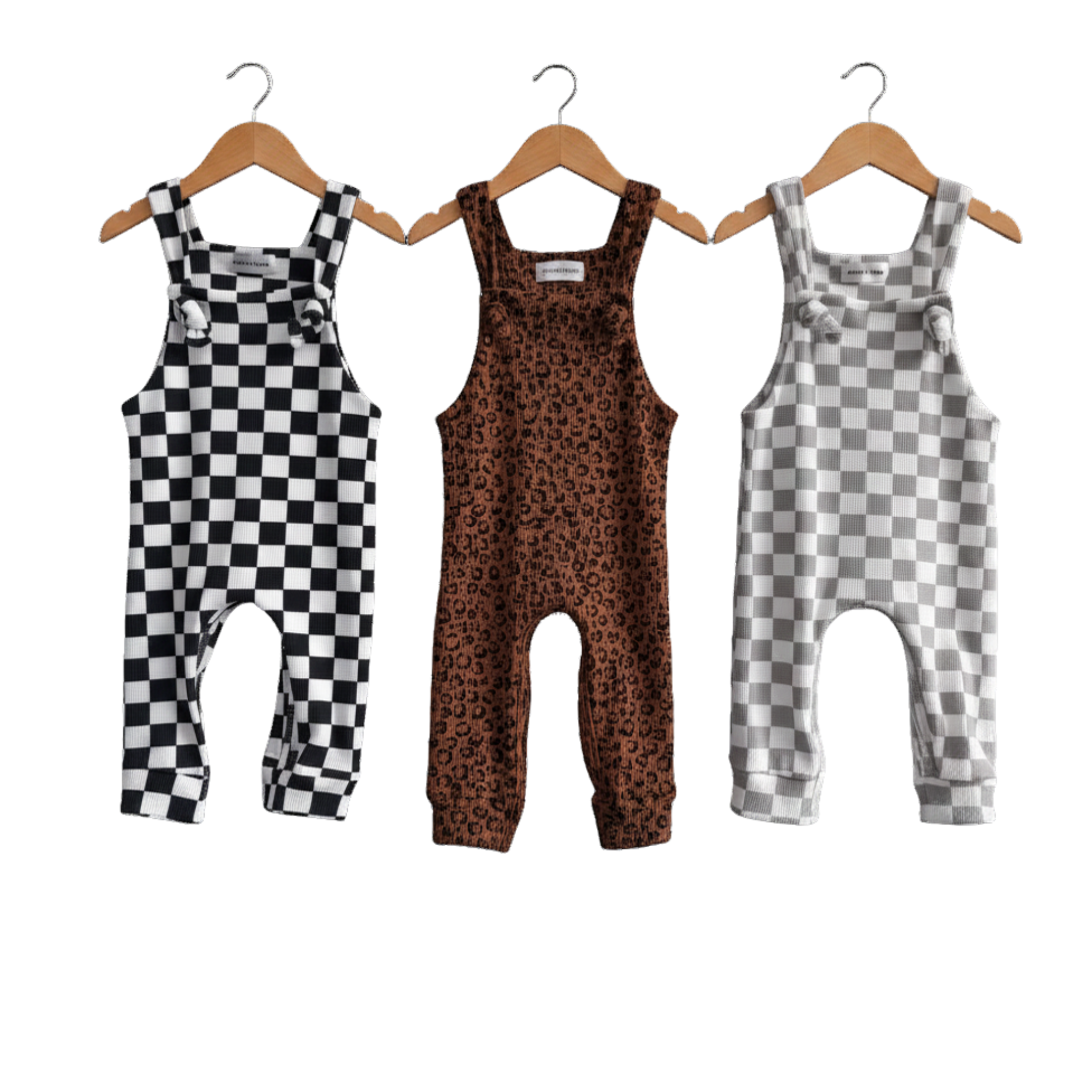 Ziggy Checkered Waffle Romper – Baby & Toddler Romper | Front Tie Straps- Black, Greige & cheetah - Barely Tamed