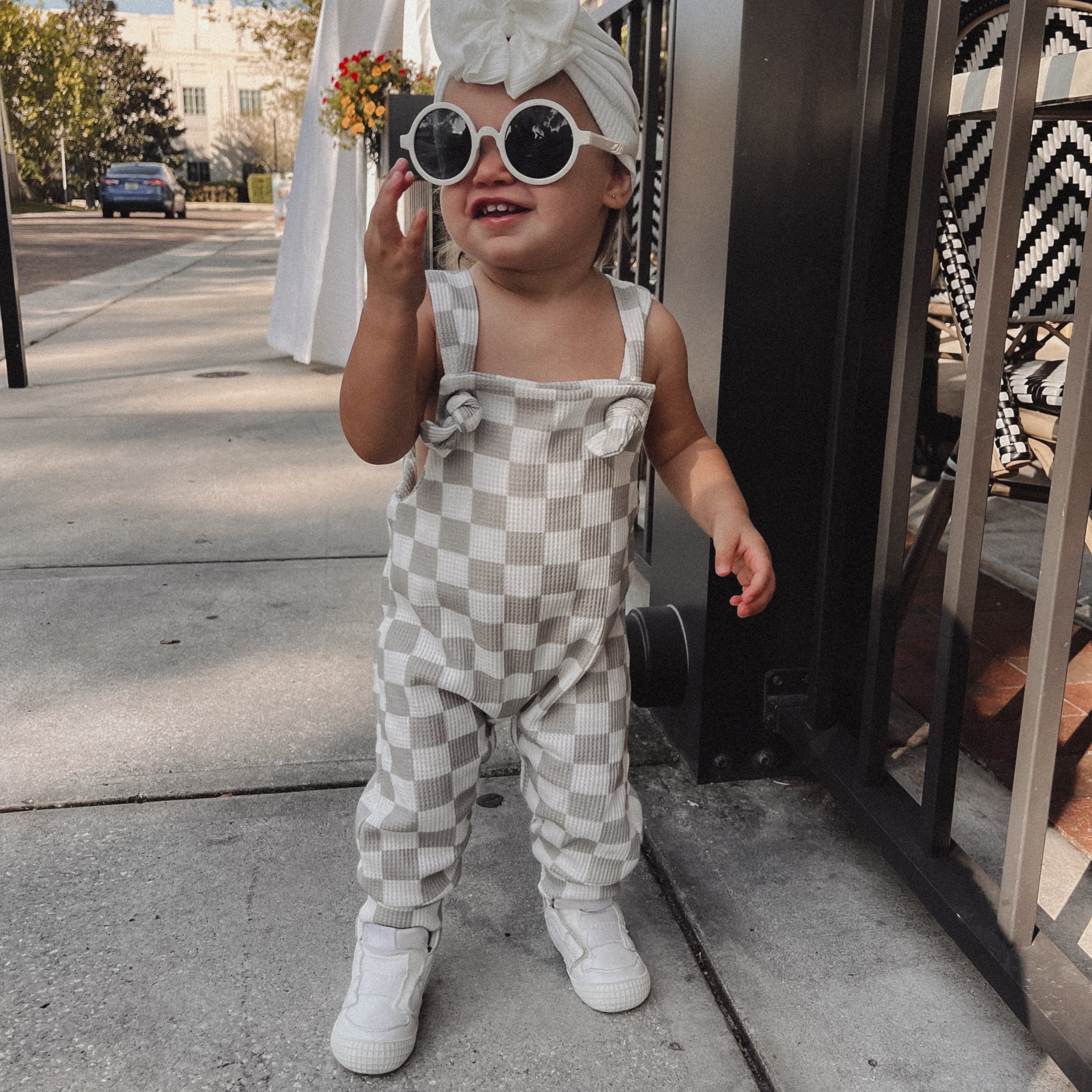 grey toddler checkered romper overalls