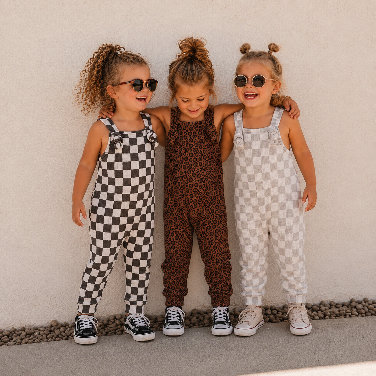 Ziggy Checkered Waffle Romper – Baby & Toddler Romper | Front Tie Straps- Black, Greige & cheetah - Barely Tamed
