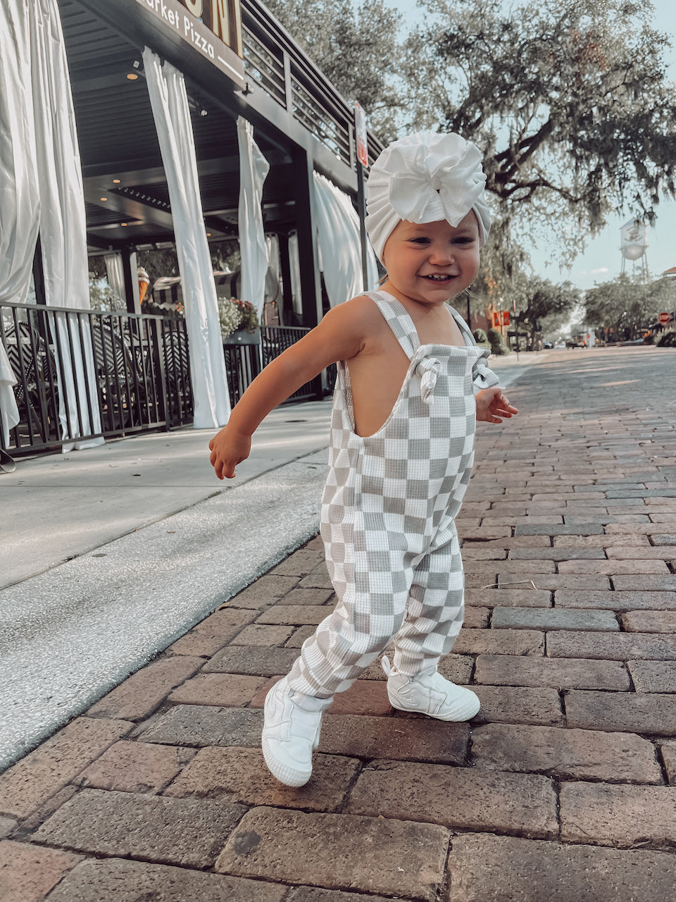 grey toddler checkered romper overalls